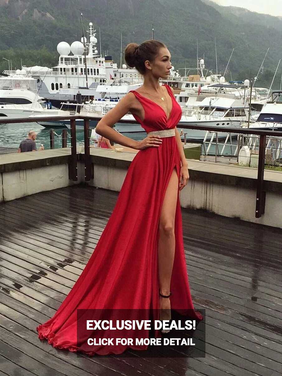 Charming V Neck Deep Red Prom Dresses With High Slit, Charming V ...