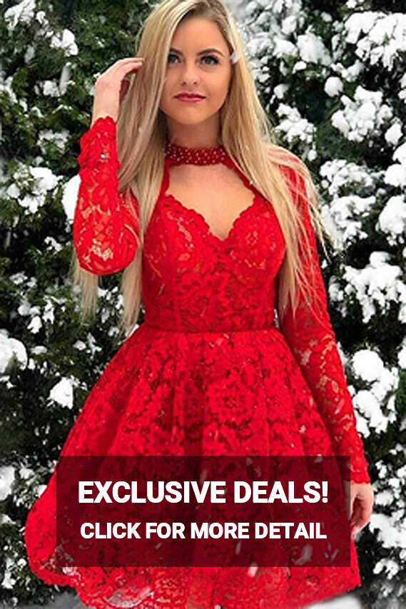 Cheap Lace Red Chic Long-Sleeves A-Line Homecoming Dresses,MH444 ...