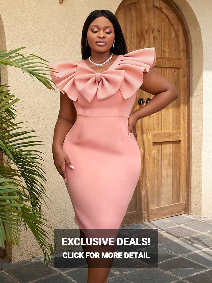 Cheap Pink Party Dress Elegant Women Ruffles Bow V Neck Slim Fit ...