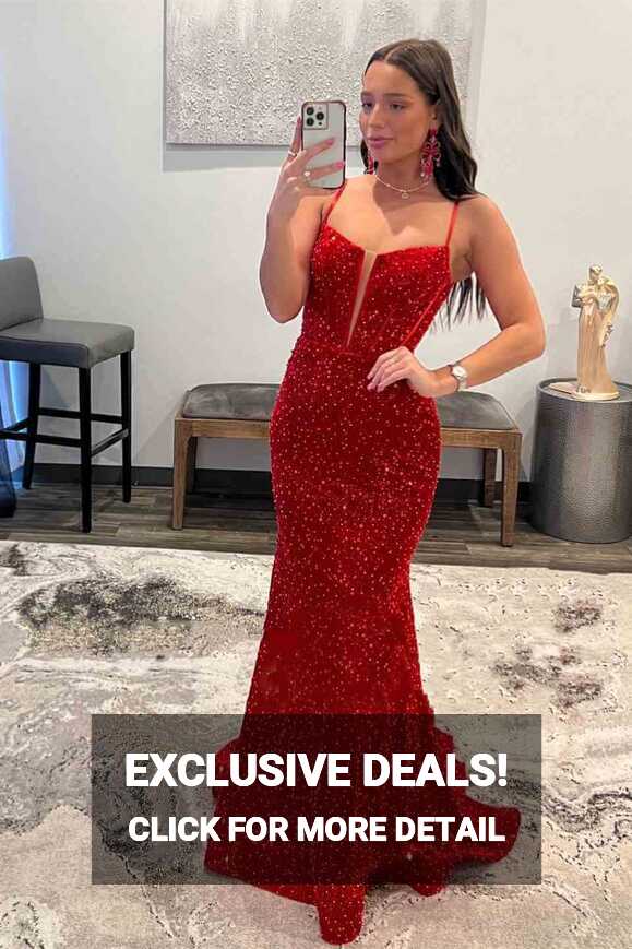 Cheap Red Sequins Mermaid Prom Dresses 2024 Straps Plunging Neck ...