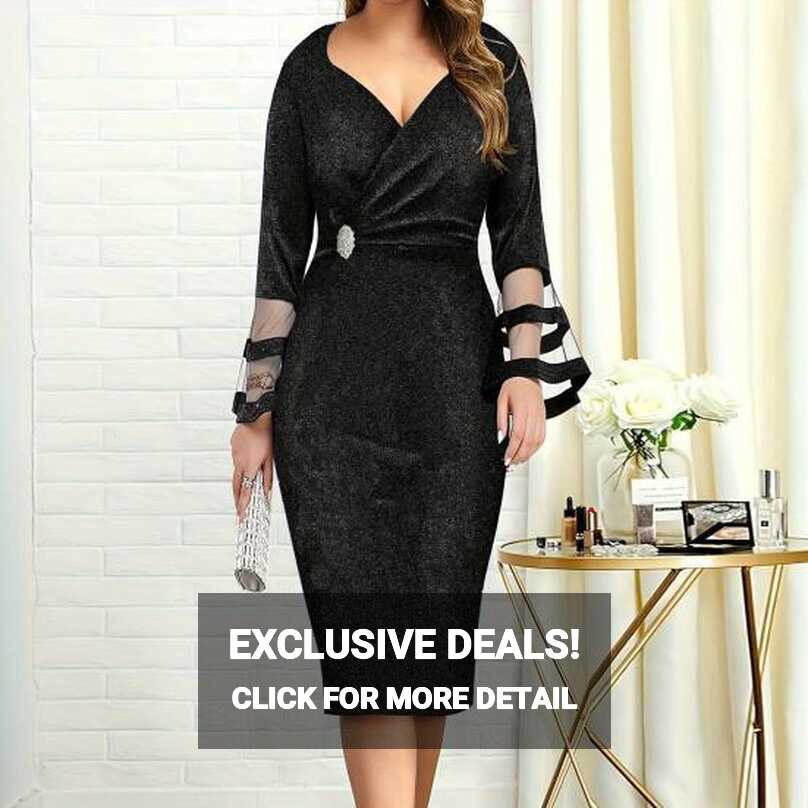 Cheap Women Party Dress Mesh Patchwork Low-cut V Neck Knee Length ...