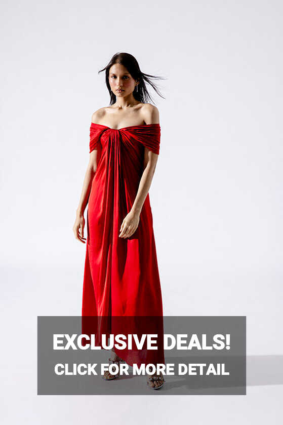 Cherry Bow Off-Shoulder Dress: Red Elegance in Modal Satin – Āroka