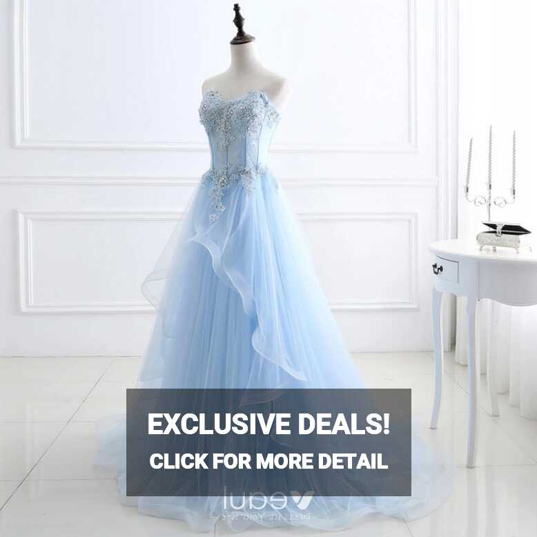 Chic / Beautiful Sky Blue Prom Dresses 2018 A-Line / Princess Lace ...