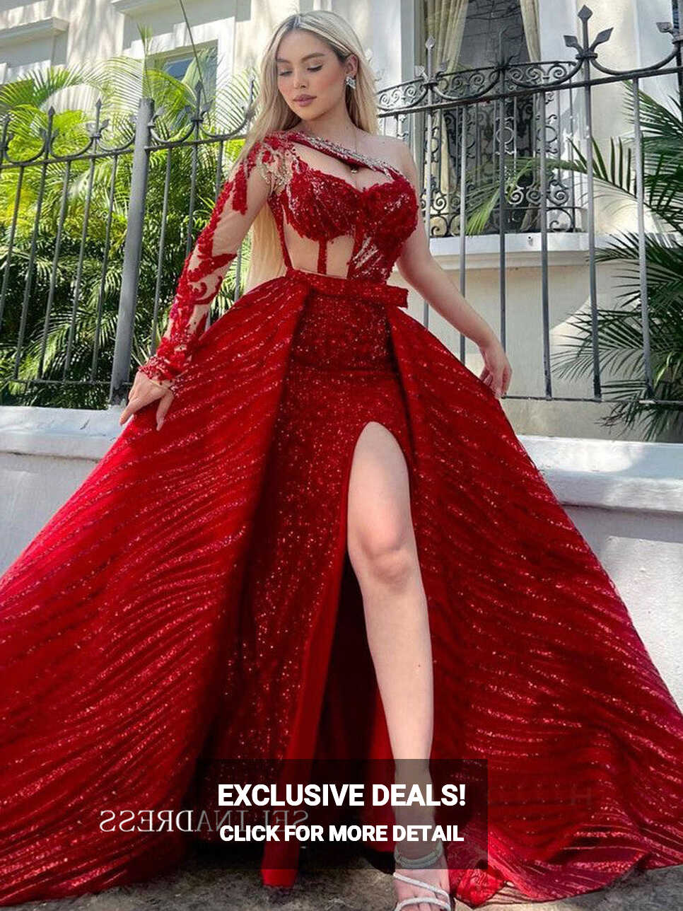 Chic A-line One Shoulder Red Long Prom Dresses Elegant Sequins ...