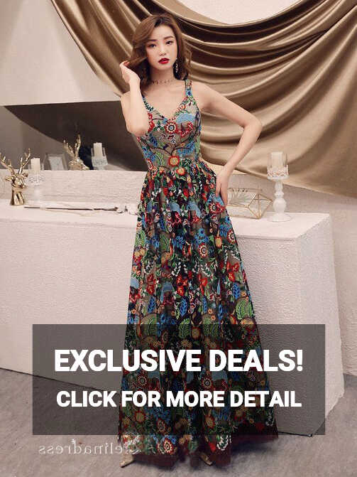 Chic A-line Straps Floral Long Prom Dresses Boho Embroidery Lace ...