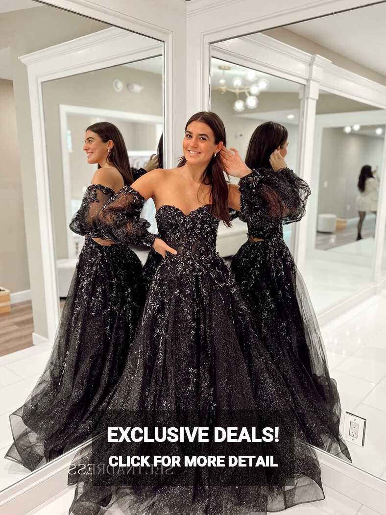 Chic A-line Sweetheart Black Long Prom Dress Long Sleeve Elegant ...