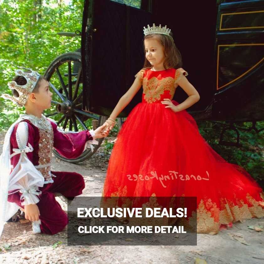 Chic Baby Birthday Red Dress With Goldy Lace Train Red Formal ...