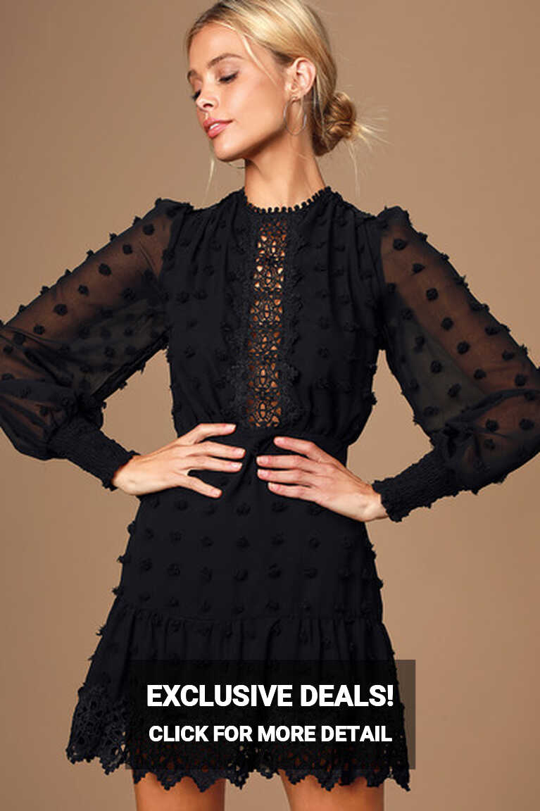 Chic Black Dress - Embroidered Long Sleeve Dress - Ruffled Dress ...