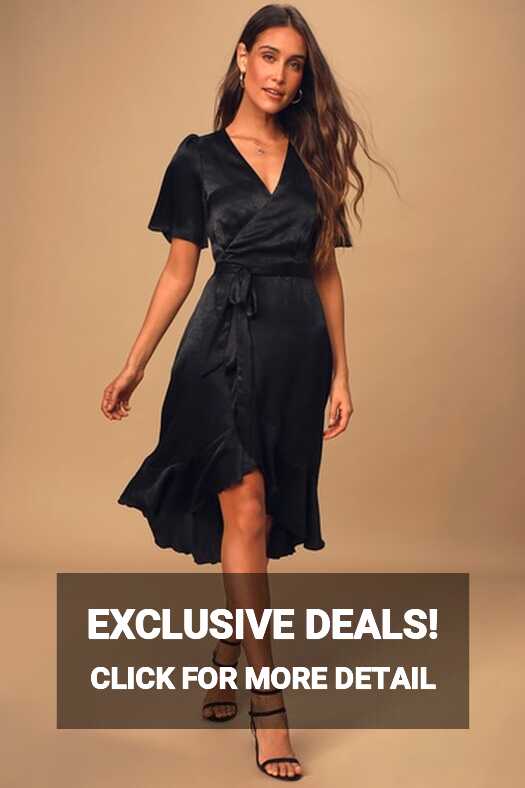 Chic Black Dress - Satin Dress - Satin Wrap Dress - Midi Dress - Lulus