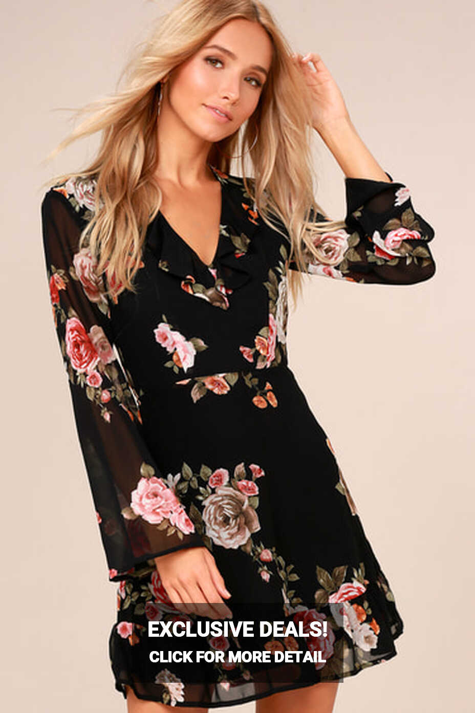 Chic Black Floral Dress - Long Sleeve Dress - Ruffled Dress - Lulus