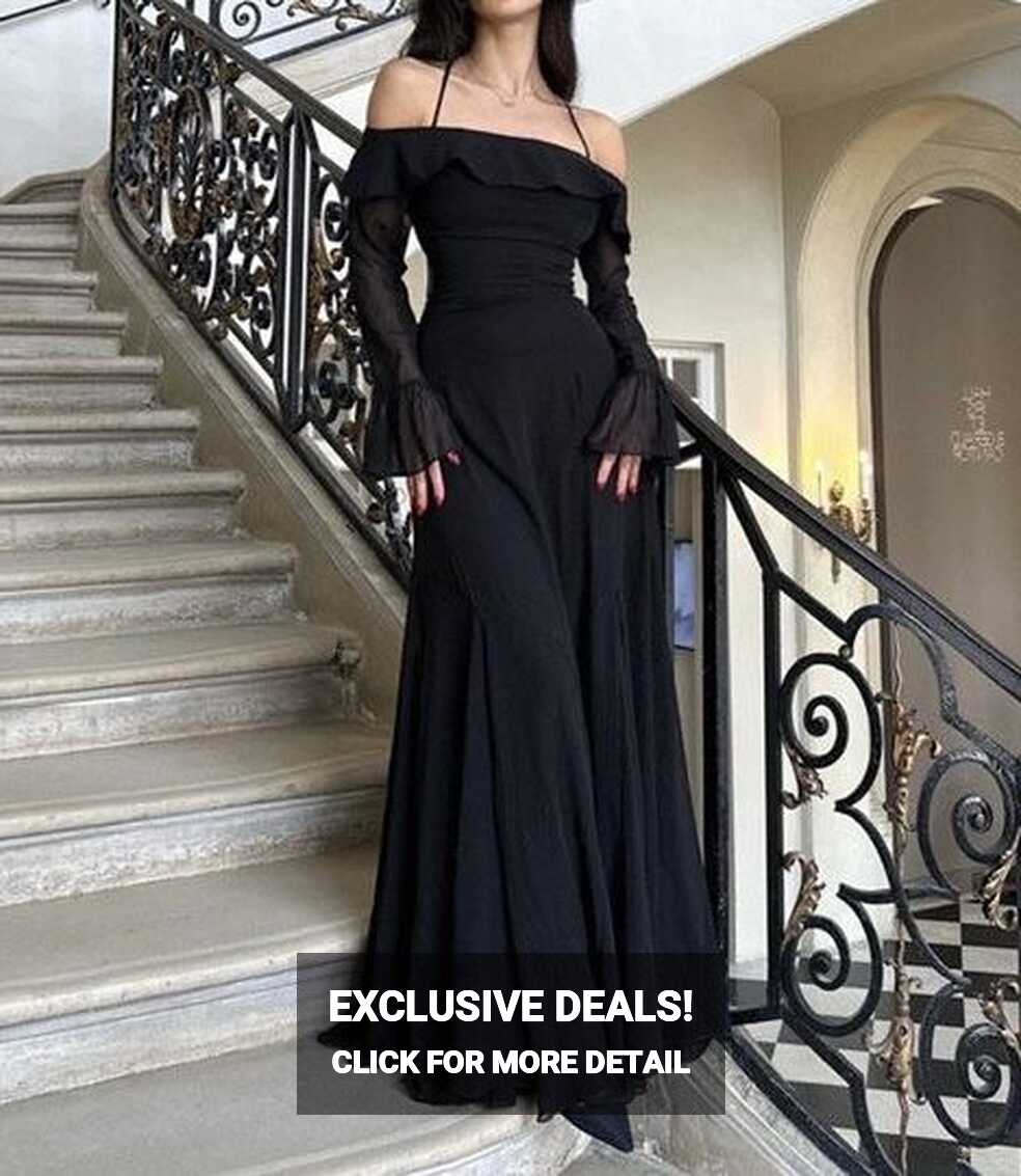 Chic Black Long Evening Dress,Black Formal Gown with Bell Sleeves ...