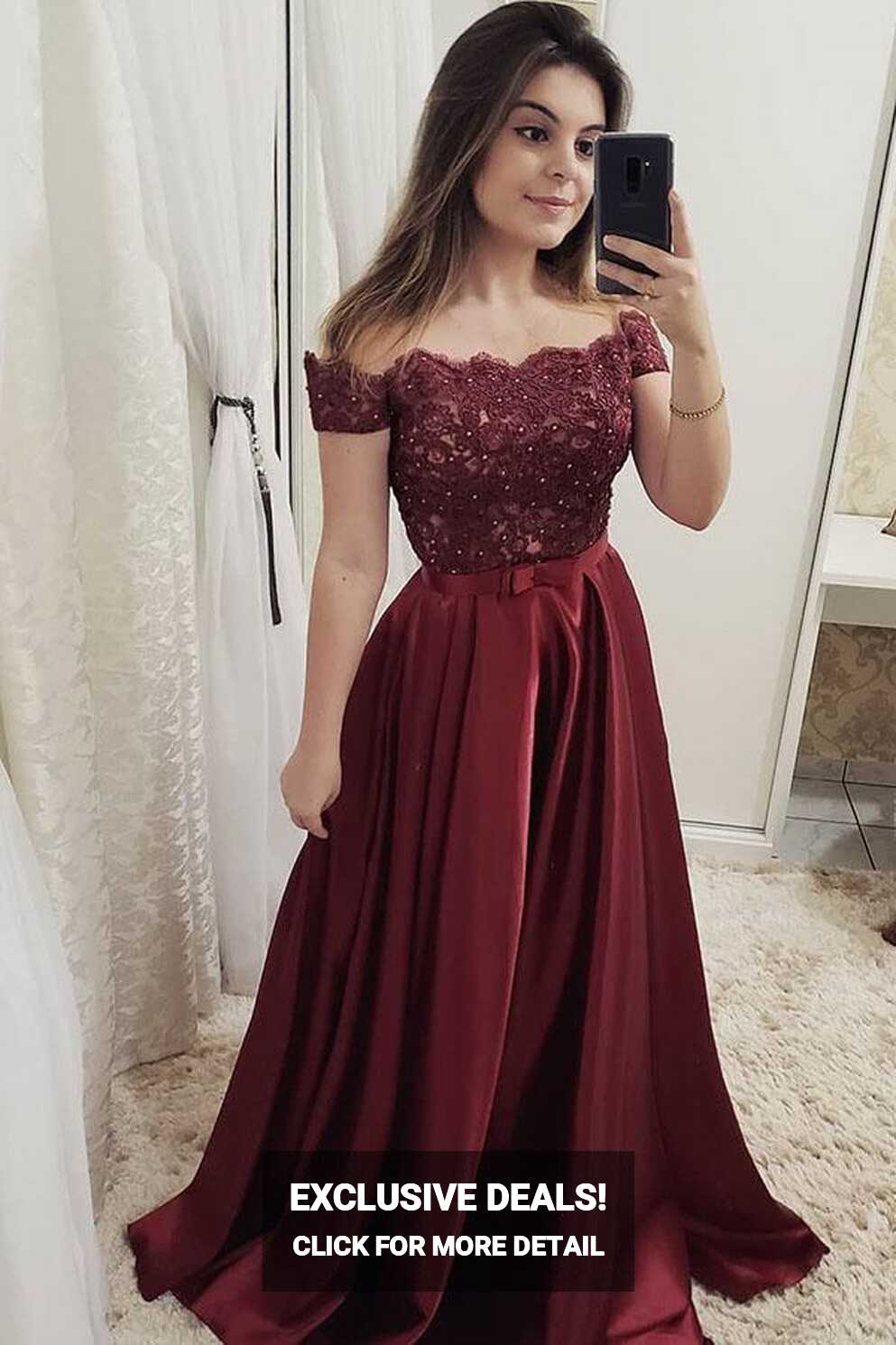 Chic Burgundy Off Shoulder Floor Length Satin Lace Prom Dresses ...