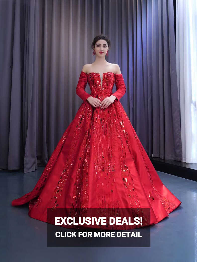 Chic Gorgeous Red Ball Gown Formal Gown Long Sleeve Prom Dress ...