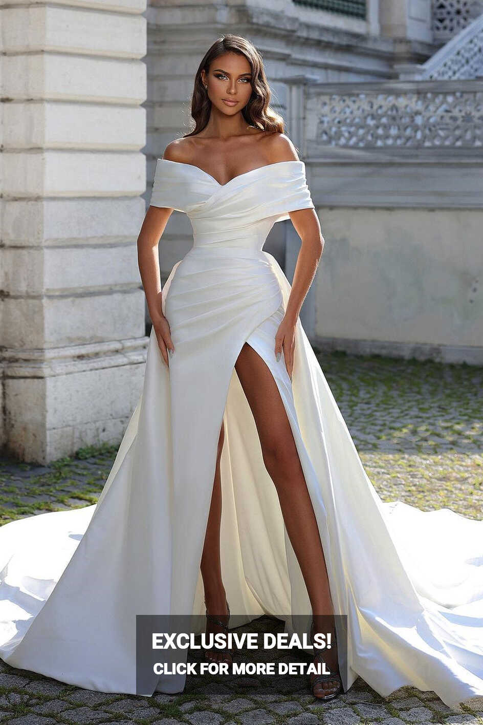 Chic Long White Off-the-Shoulder Front Split Long Wedding Dress ...