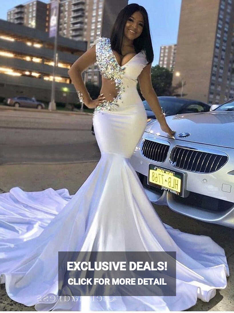 Chic Mermaid Deep V neck White Long Prom Dresses Sexy African ...