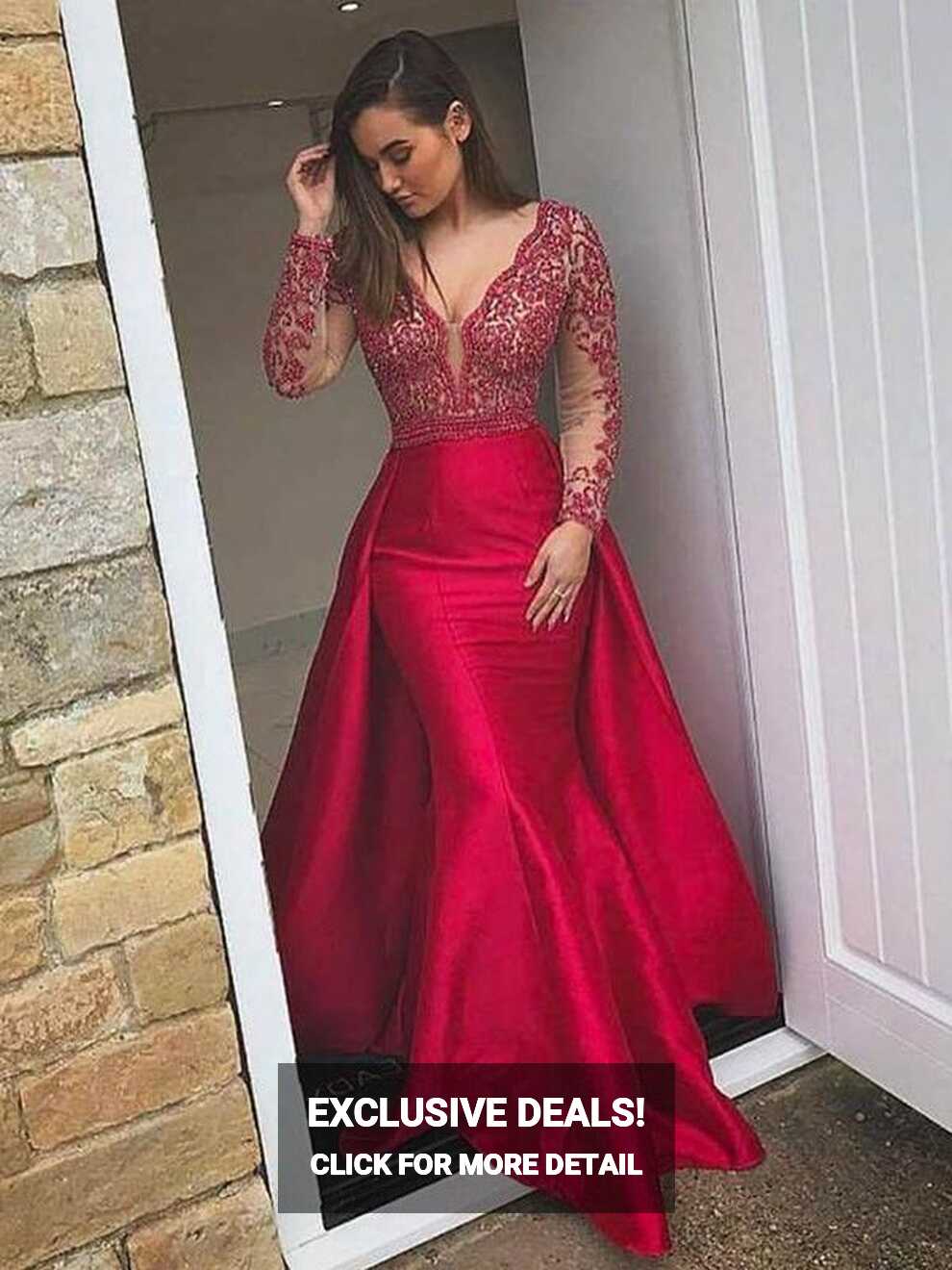 Chic Mermaid Red Prom Dress Long Sleeve Red Prom Dress #ER162 ...