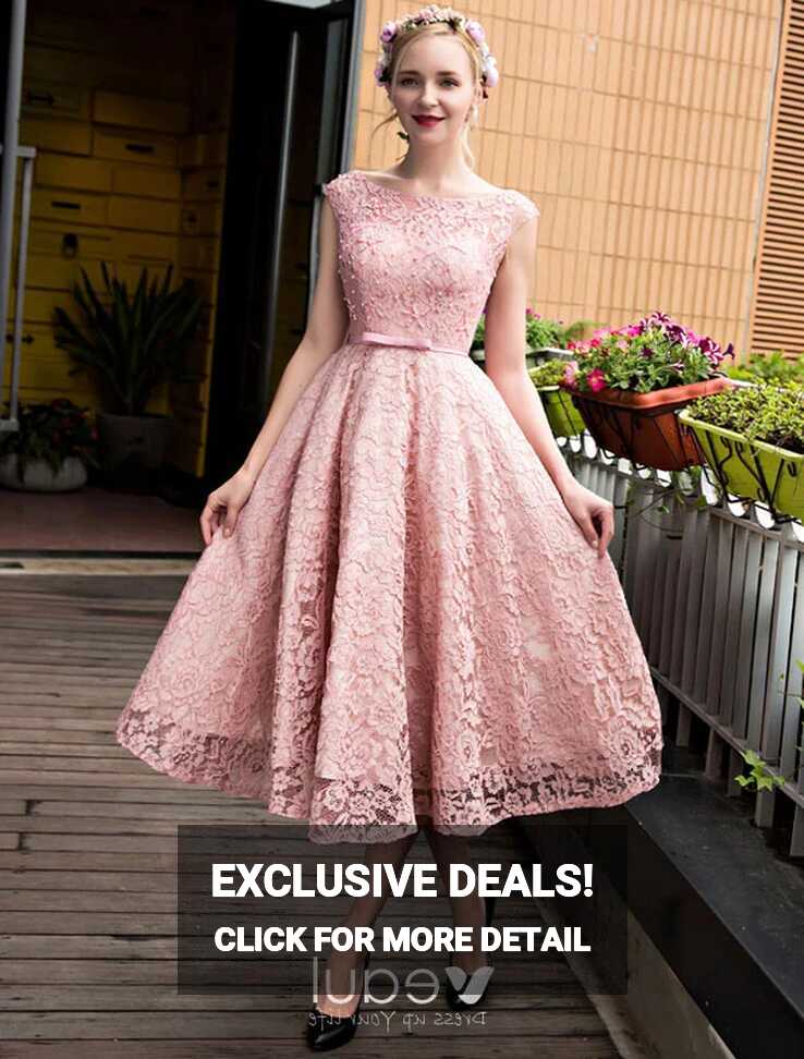 Chic Pink Cocktail Dress Tea Length Lace Party Dress 2017