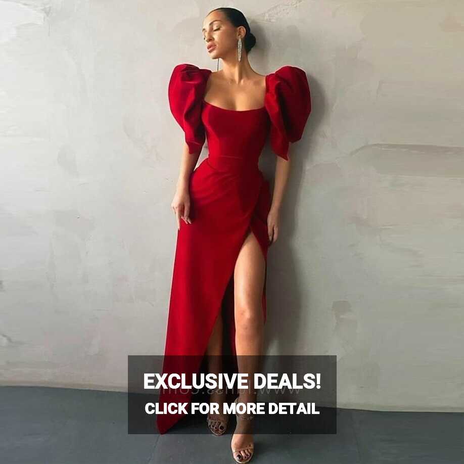 Chic Red Short Puff Sleeve Slit Long Evening Prom Dress - Lunss