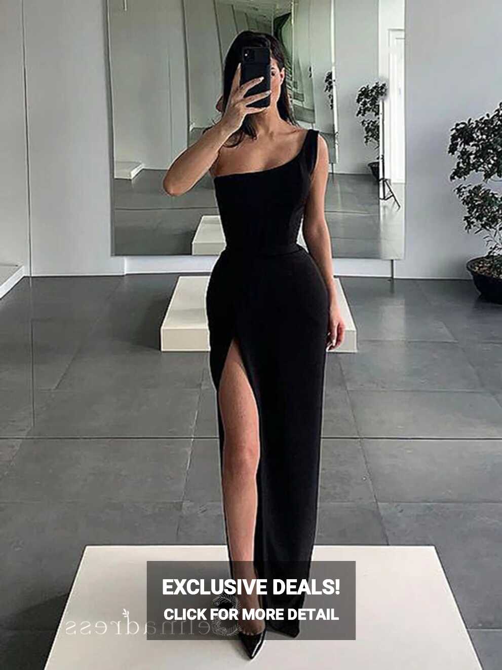 Chic Sheath/Column One Shoulder Simple Long Prom Dresses Black ...