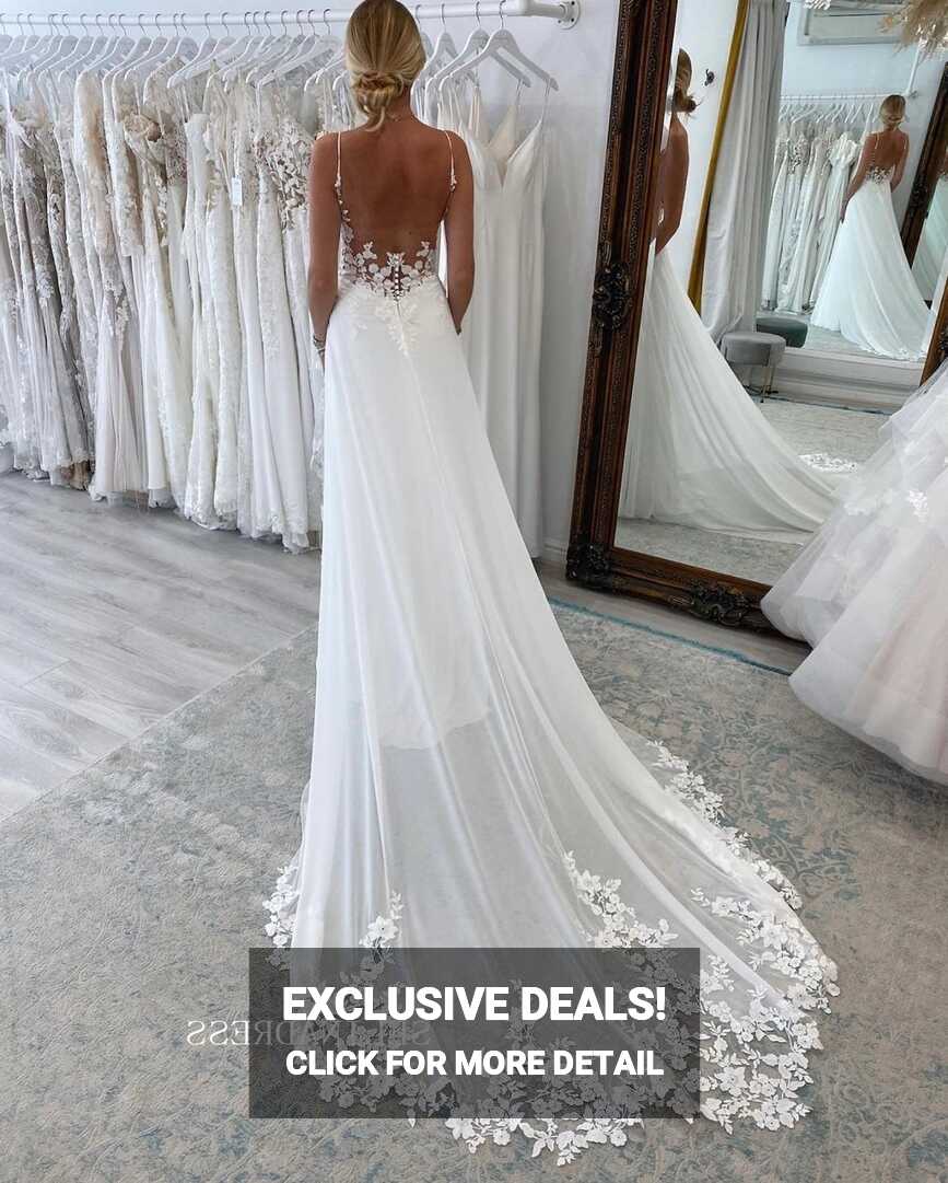 Chic Spaghetti Straps Romantic Wedding Dresses Open Back Chiffon ...