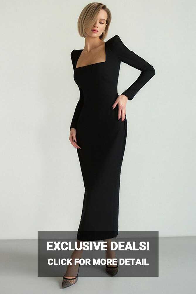 Chic Square Neck Padded Long Sleeve Cocktail Party Midi Dress - Black