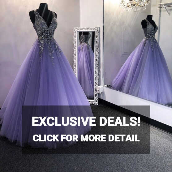 Chic V Neck Sequins Purple Tulle Long Prom Dresses, V Neck Lilac ...