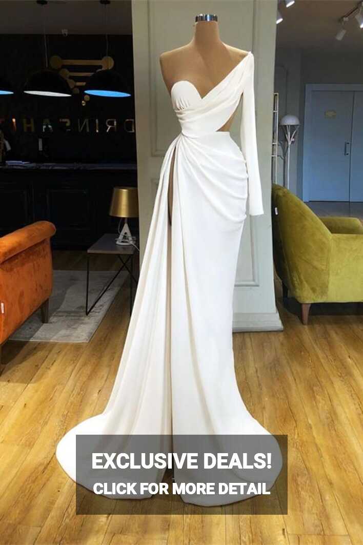 Chic White Long Sleeves One Shoulder Split Prom Dresses – Dbrbridal