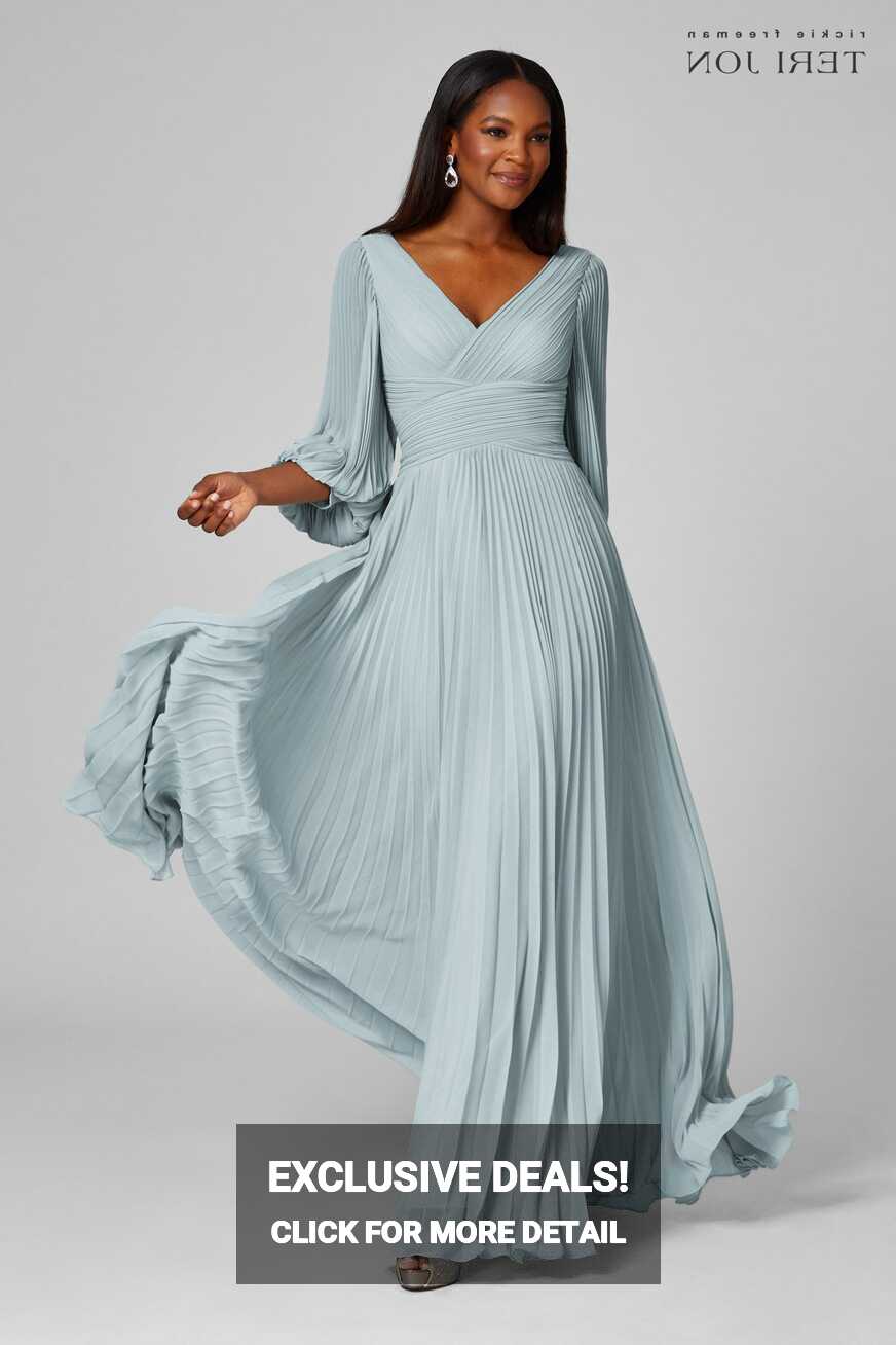 Chiffon Puff Sleeve Pleated V-Neck Gown | Teri Jon – Terijon.com