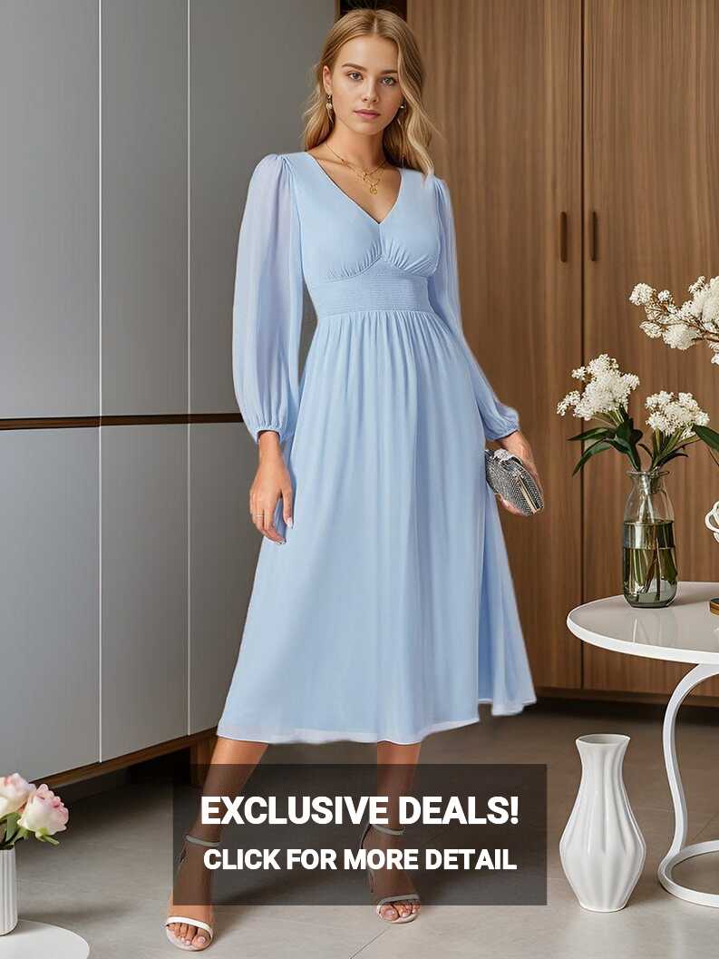 Chiffon V-Neck Long Sleeves Elastic Band Midi Wedding Guest Dress ...