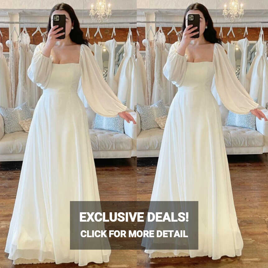 Chiffon Wedding Dresses Long Sleeves Square Neck White Ivory Boho ...