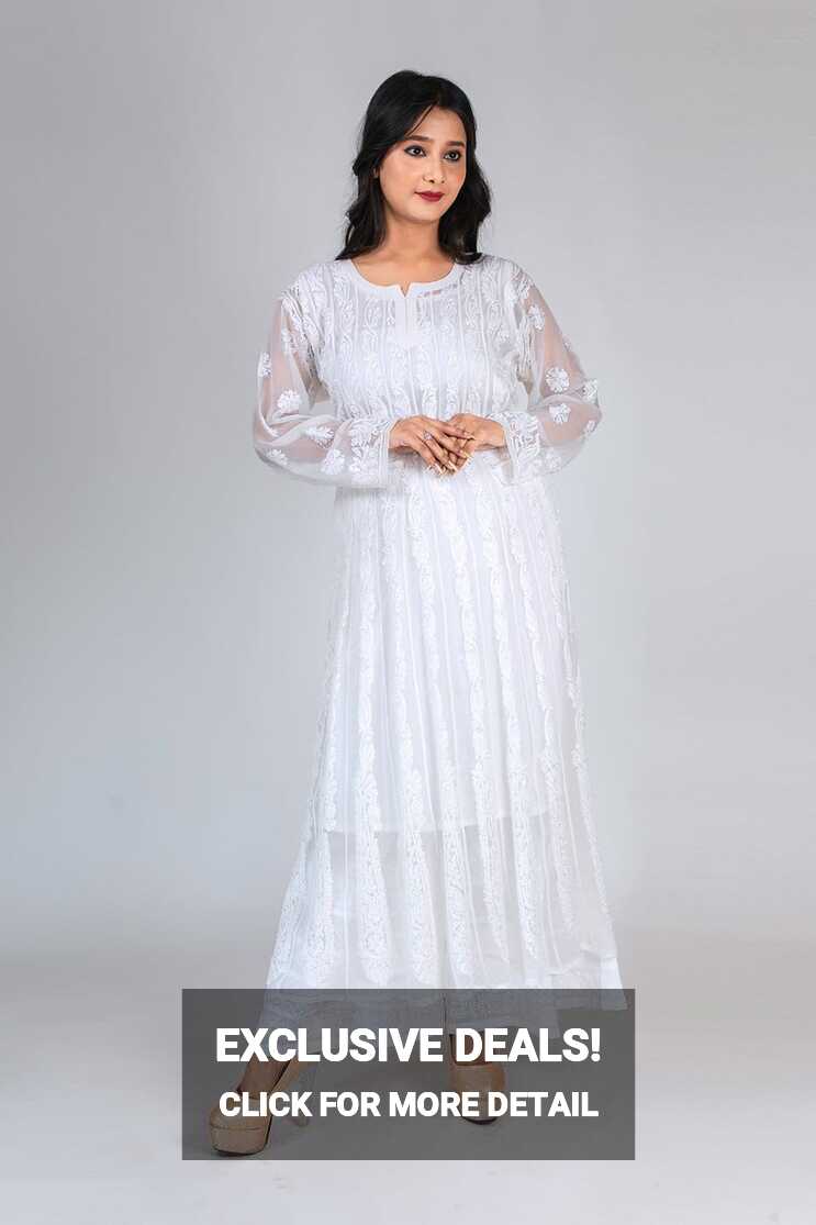 Chikankari Hand Work Semi Georgette Anarkali (White Color) Lucknow ...