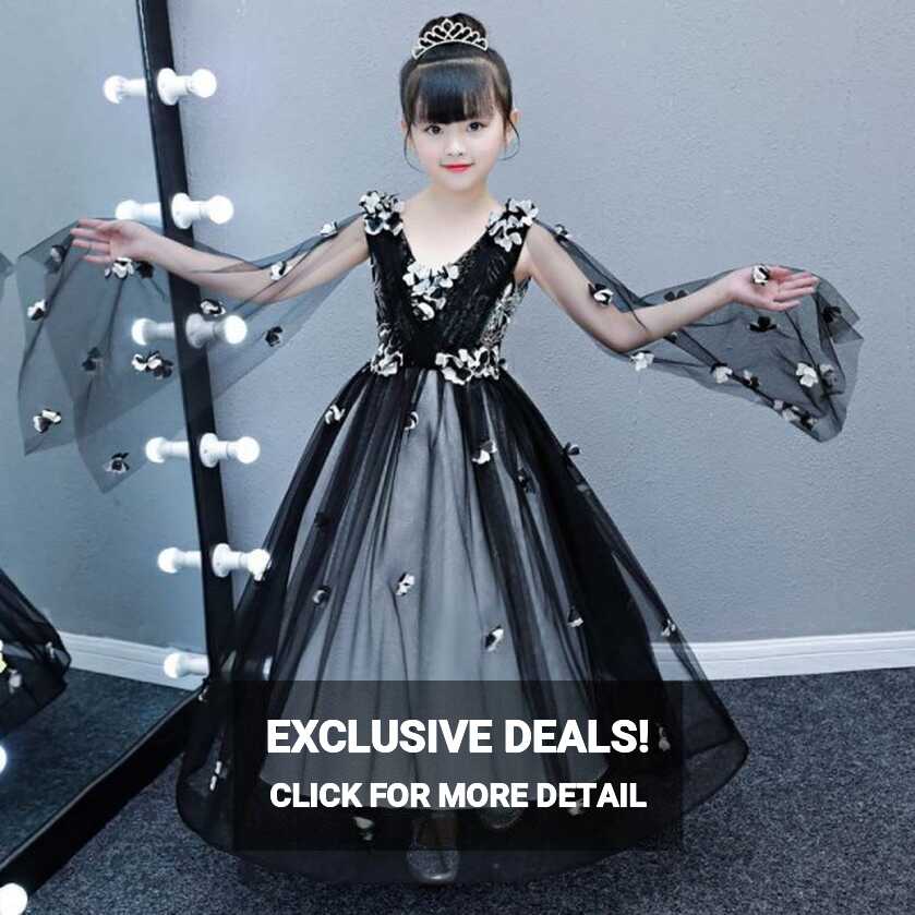 Children kids black lace piano host singers princess dresses ...