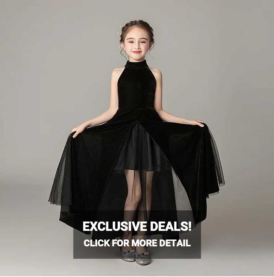 Childrens Kids Girls Elegant Formal Halter Neck Black Dress Gown ...