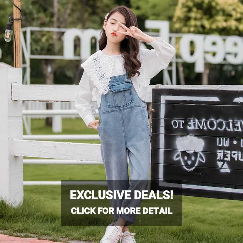 Childrens Overalls Loose Girls Denim Jumpsuit+lace Shirt Kids ...