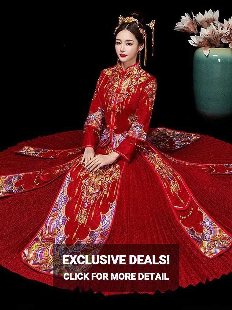 Chinese Red Wedding Dress Embroidery Dragon Phoenix Cheongsam ...