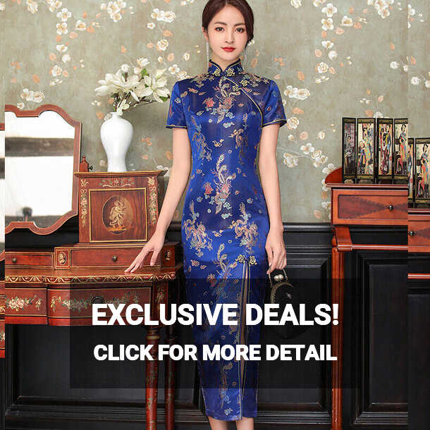 Chinese Traditional Qipao Dress Women Silk Satin Cheongsam Navy ...