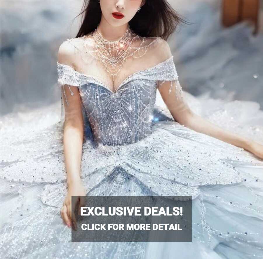 Cinderella Blue Wedding Dress Dust Blue Ball Gown Beaded Luxury ...