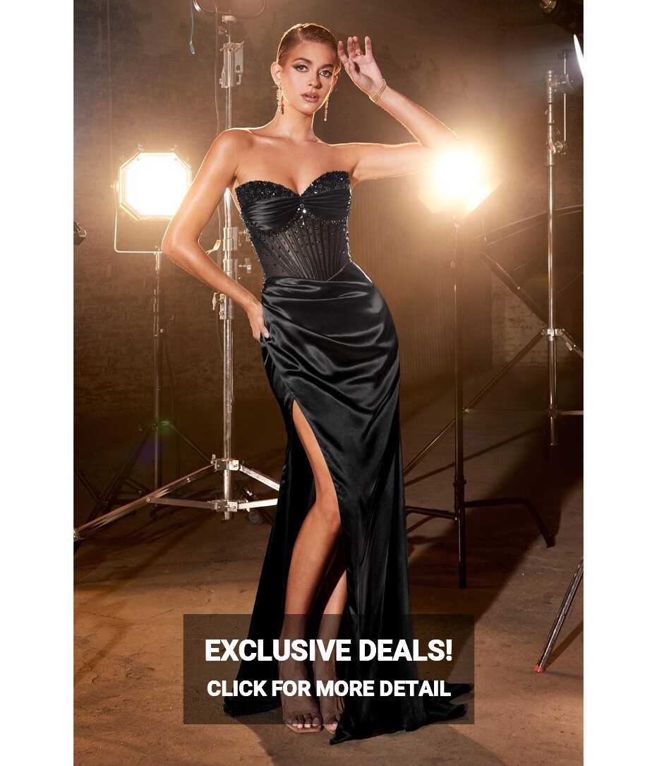 Cinderella Divine Black Beaded Satin Corset Prom Dress – Unique ...