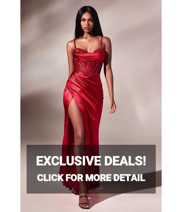 Cinderella Divine Red Satin Beaded Draped Corset Prom Dress ...