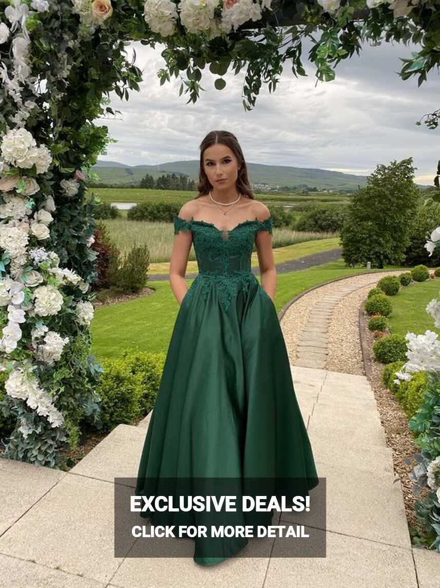 Classic Off The Shoulder Emerald Green Satin Prom Dress,Formal ...