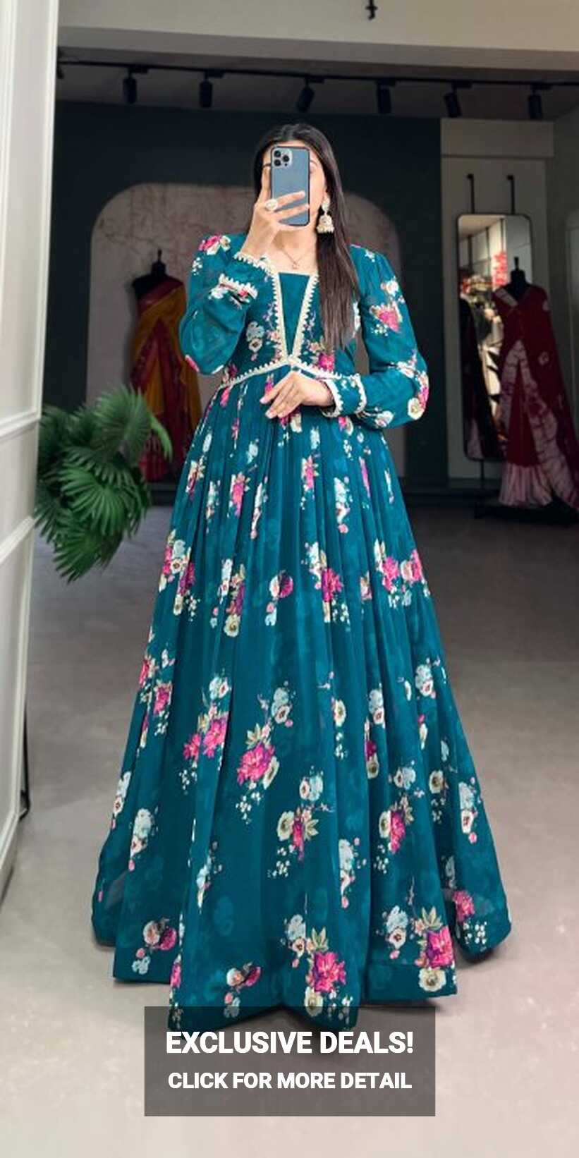 Classic Pine Green Color Exquisite Floral Georgette Printed Gown