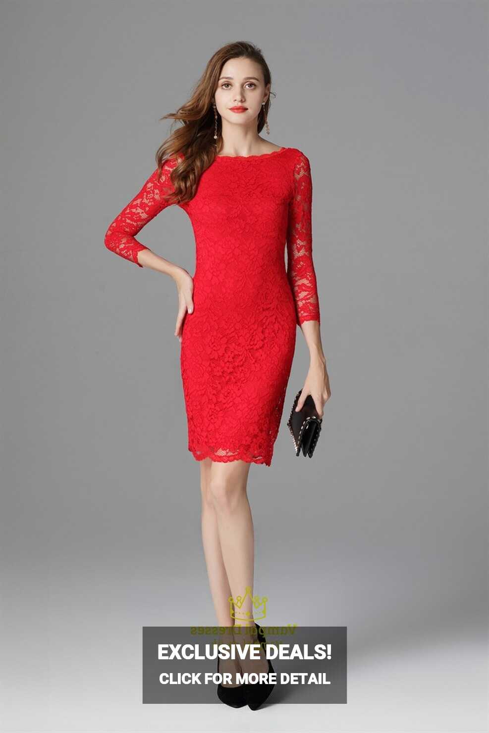 Classic Red Lace Overlay Sheath Short Cocktail Dress With 3/4 ...