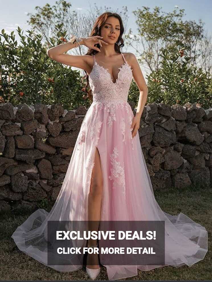 Classic White Lace Pink Satin &amp; Tulle Slit Formal Dress - Lunss