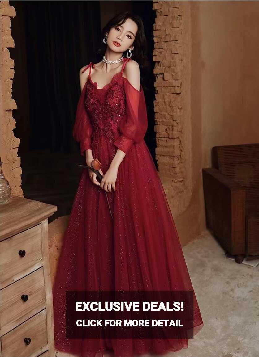 Classy, Burgundy Evening Dress, Glamorous Party Dress With Straps ...