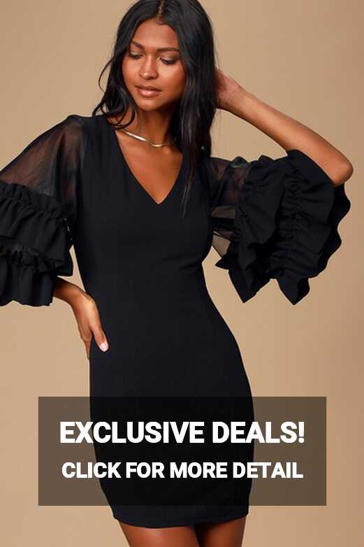 Classy Black Bodycon Dress - Tiered Ruffle Sleeve Dress - V-Neck ...