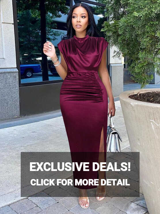 Classy Long Wine Red Satin Elegant High Collar Slim Fit Sleeveless ...