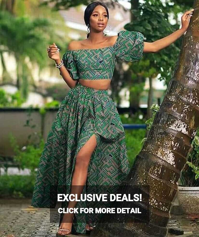 Clipkulture | Green Off Shoulder Ankara Crop Top With Long Flair Skirt