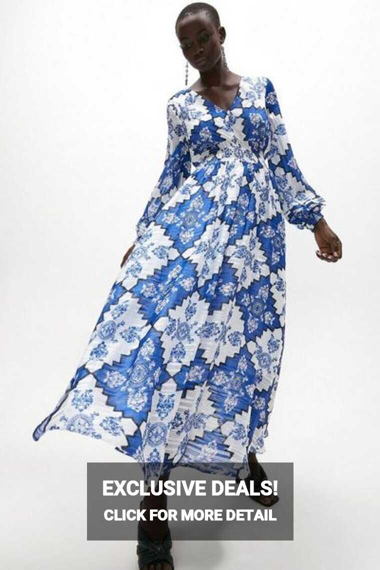 Coast Long Sleeve Shirred Waist Maxi Dress, Blue/White - Dresses