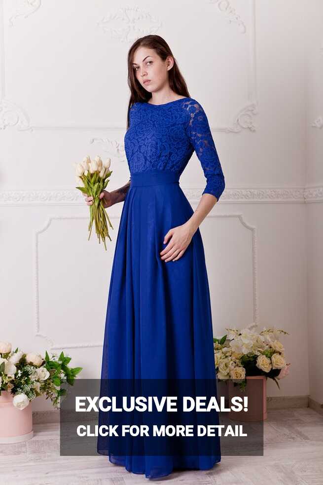 Cobalt Blue Bridesmaid Dress Long. Floral Lace Formal Gown With ...