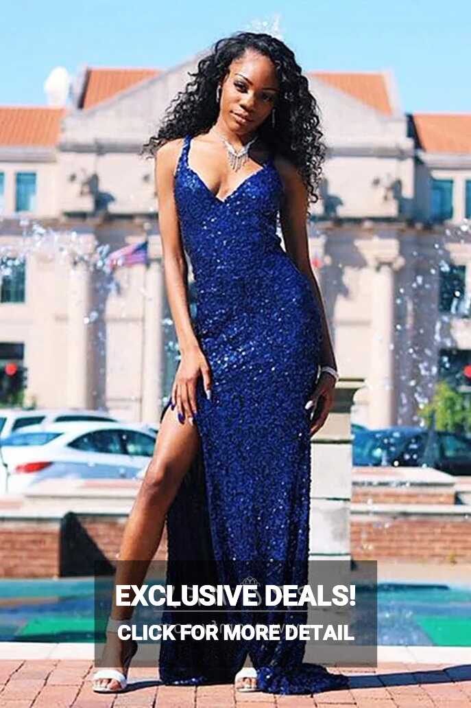 Cobalt Blue Sequin V Neckline High Slit Prom Dress - Promfy